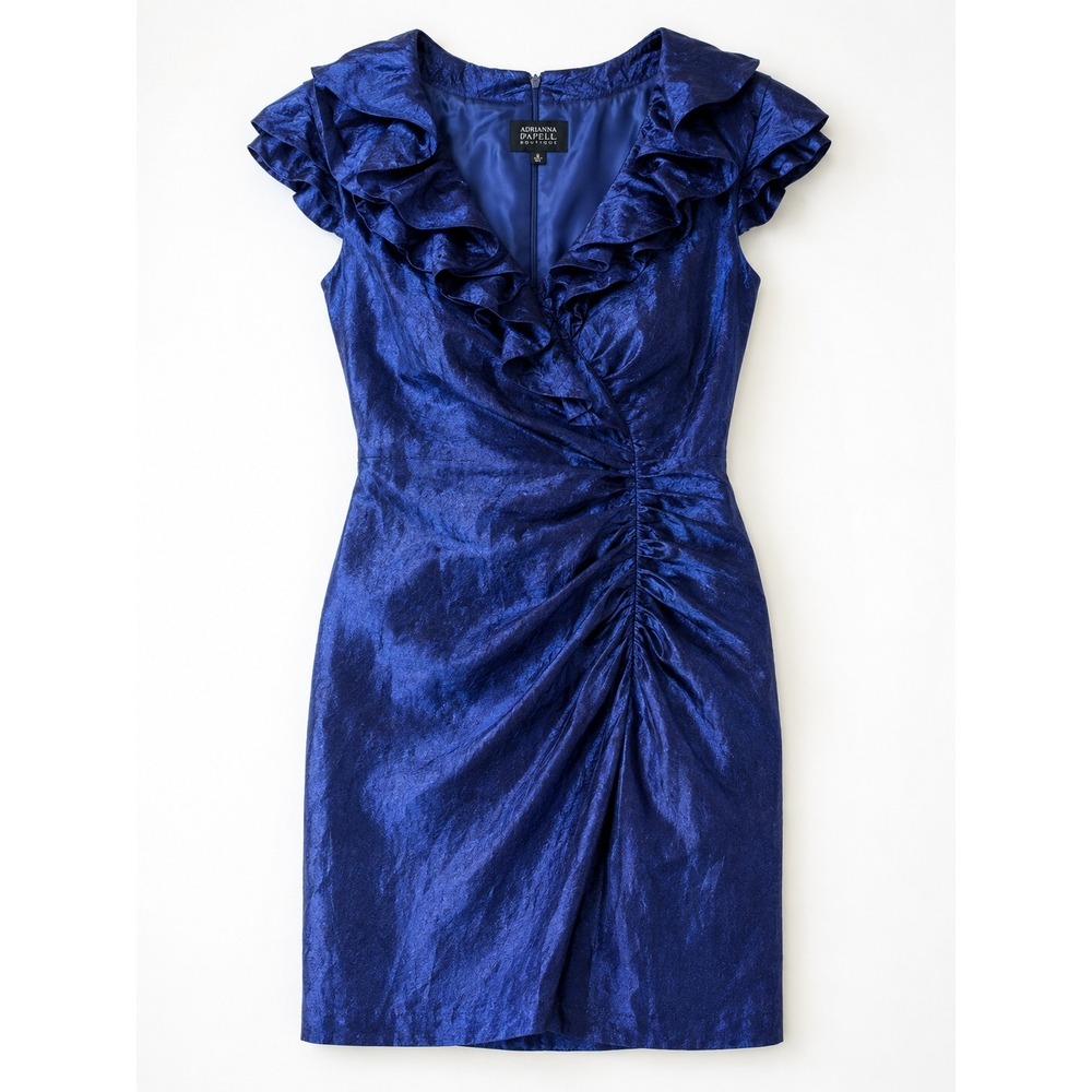 Adrianna Papell Boutique Navy Blue Metallic Ruffle Collar Cocktail Dress 6 - Picture 1 of 9